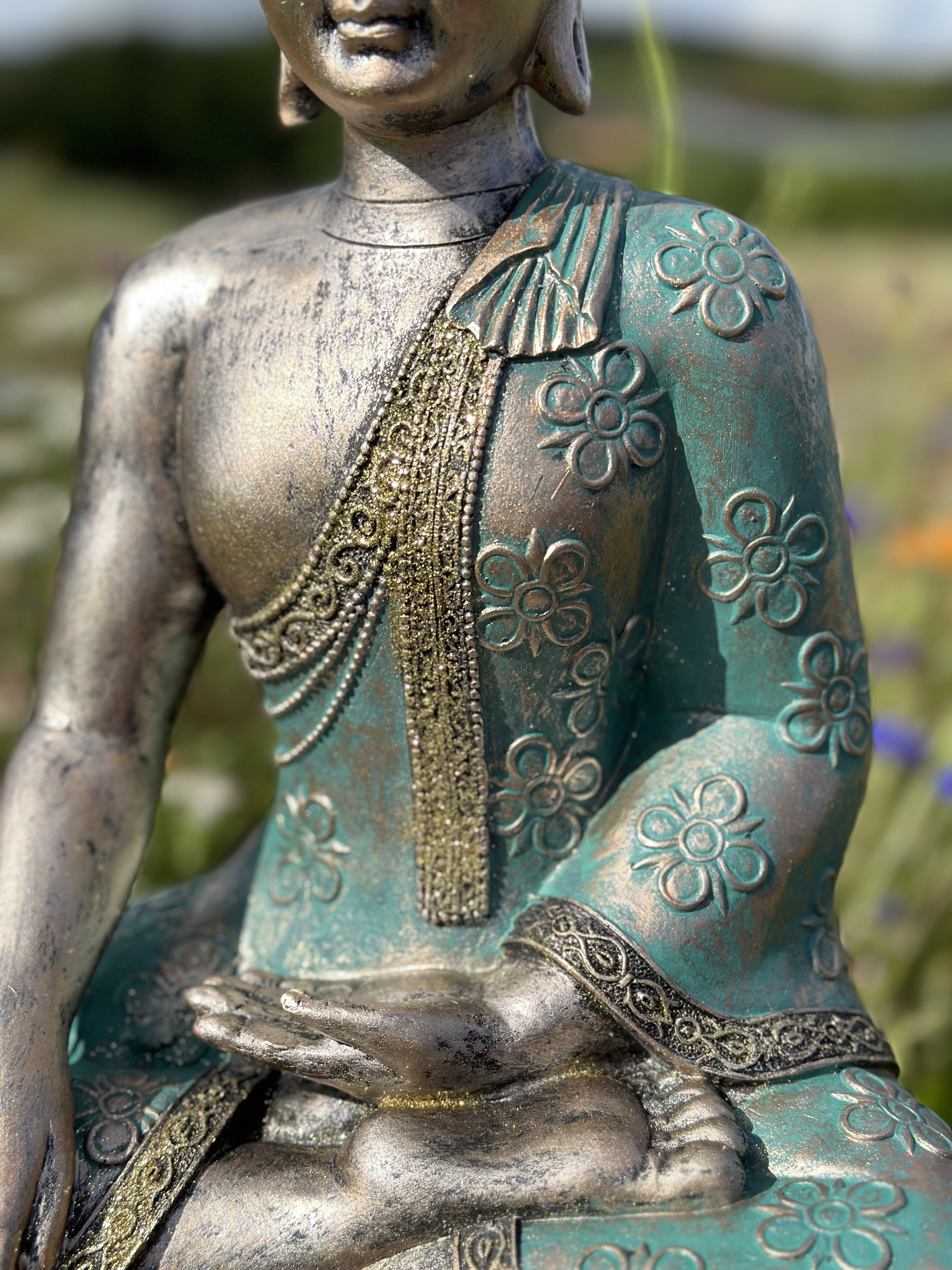 Buddha i turkis/grøn med glimmer 3