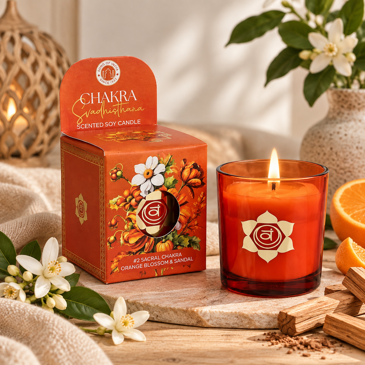 Svadhisthana chakra duftlys - Appelsinblomst & Sandeltræ