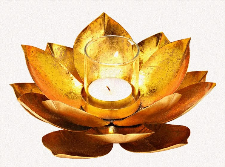 Lotus lysestage i guld og glas