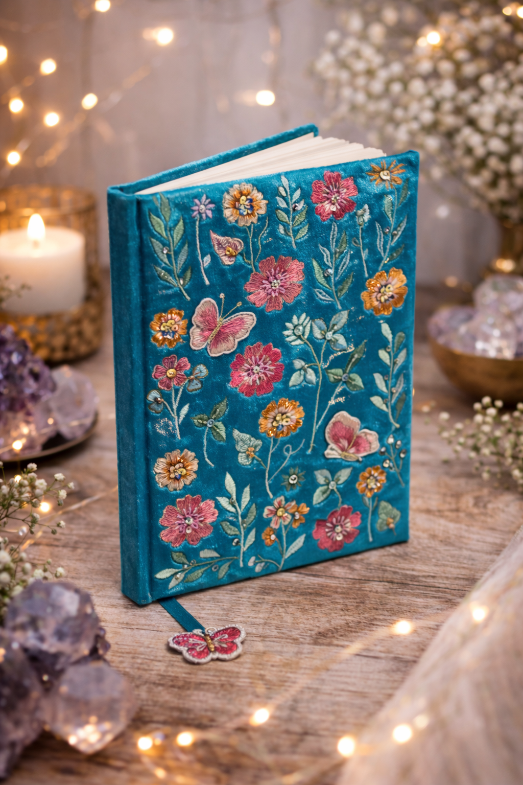 Notesbog blå velour med broderede blomster 1