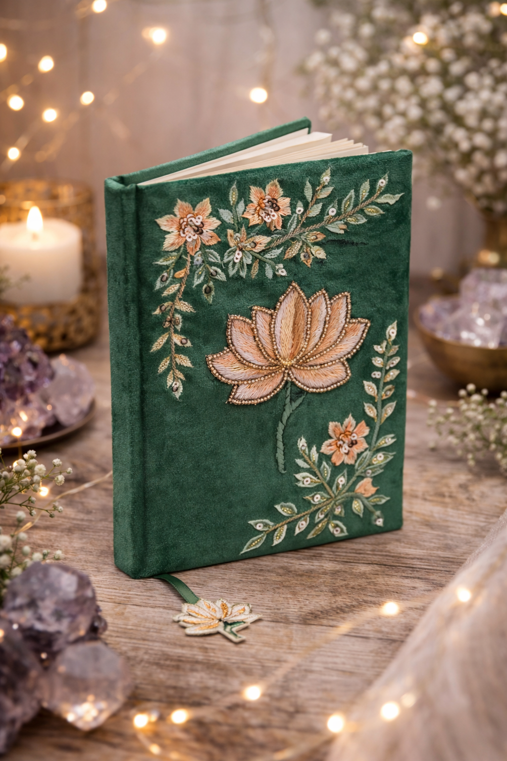 Notesbog grøn m. lotus blomst 1
