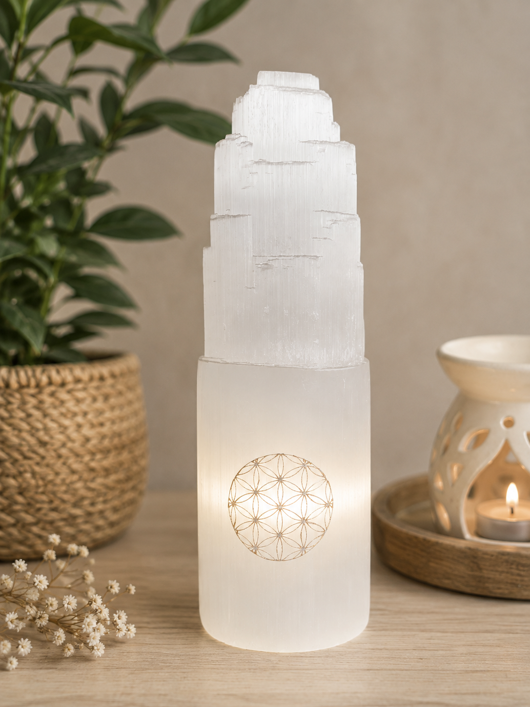 Selenit lampe med Livets blomst