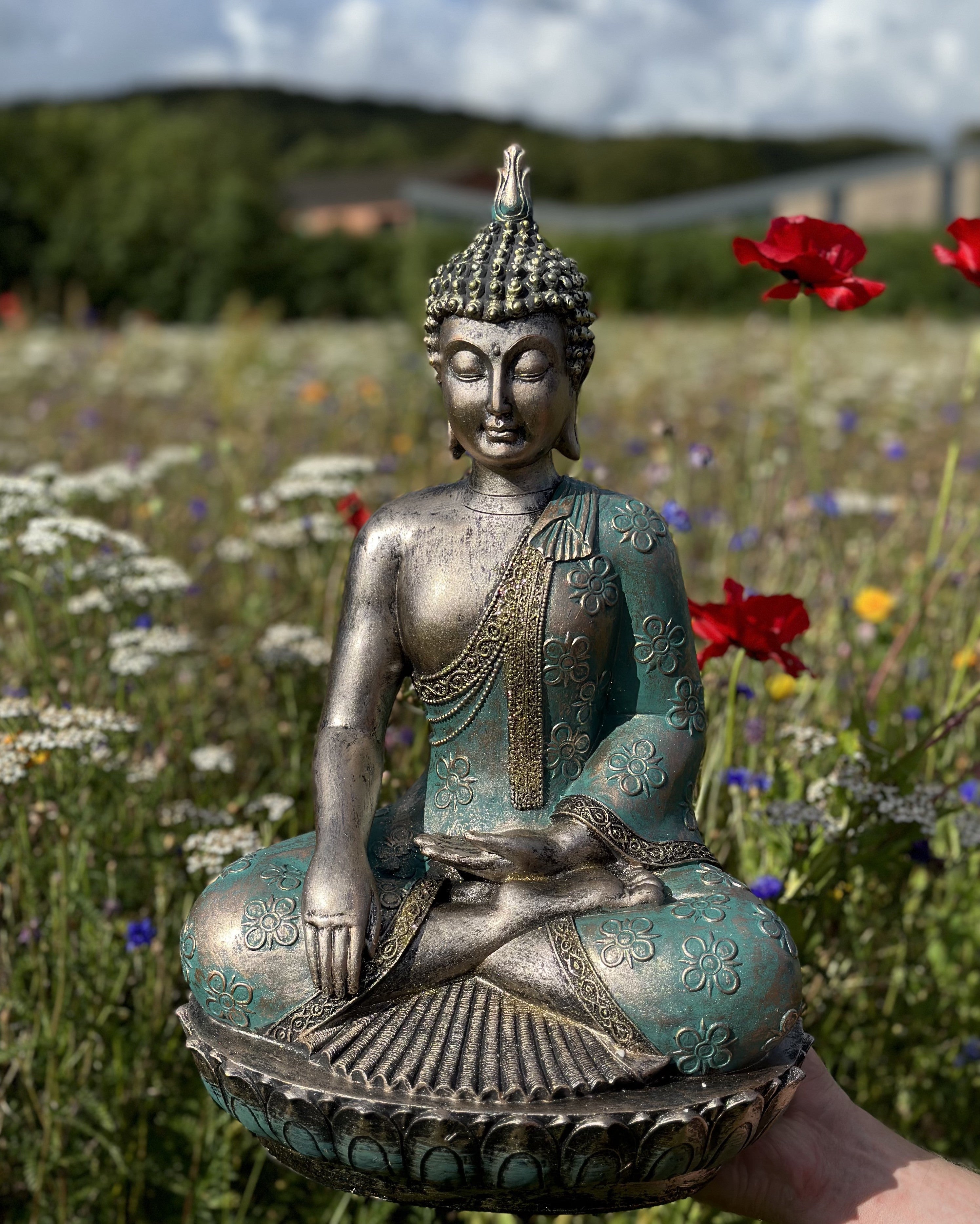 Buddha i turkis/grøn med glimmer 1