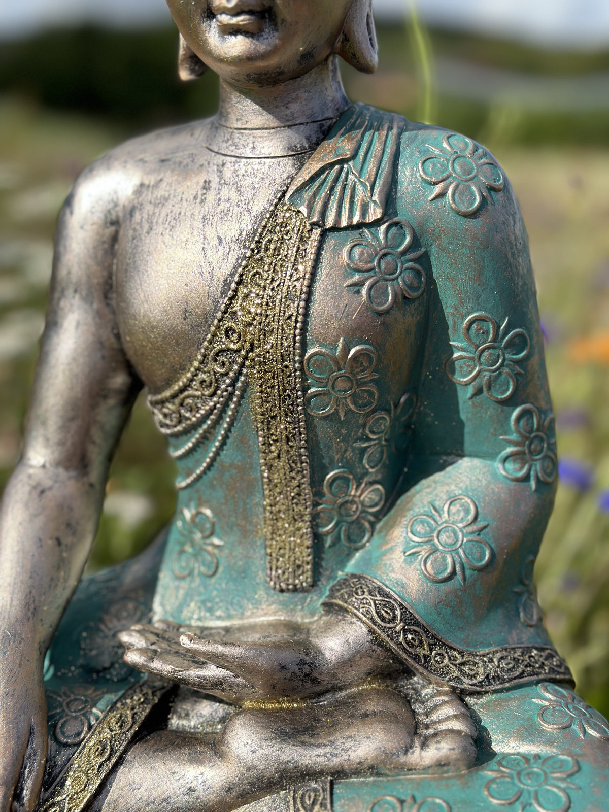 Buddha i turkis/grøn med glimmer 3