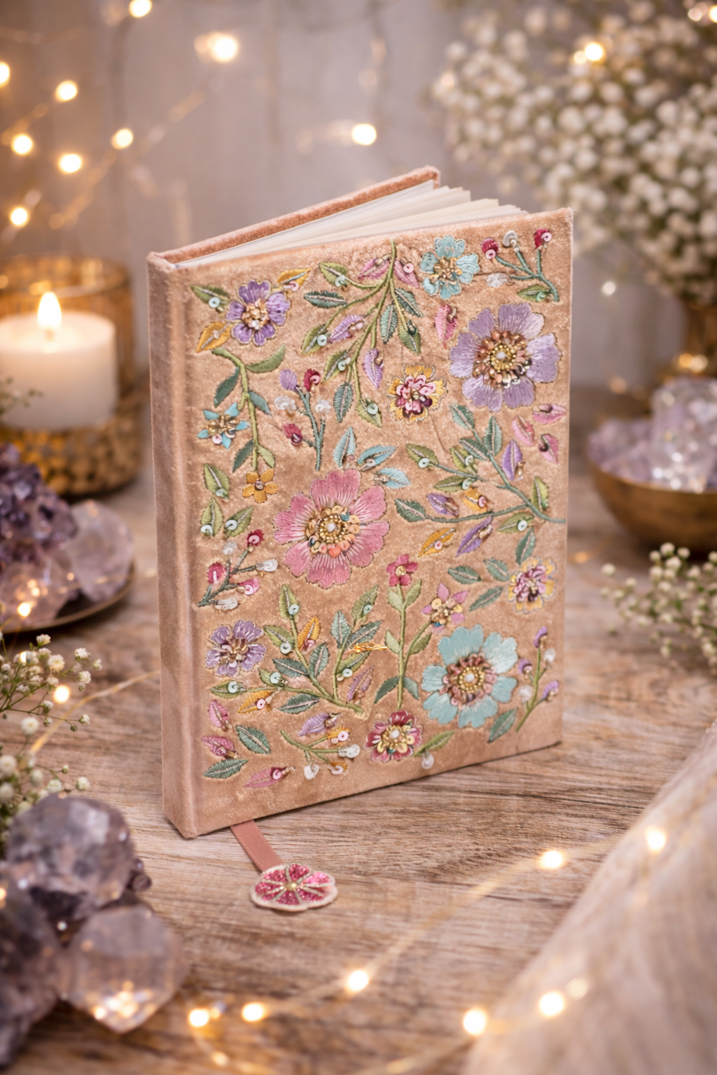 Notesbog beige velour med broderede blomster 1